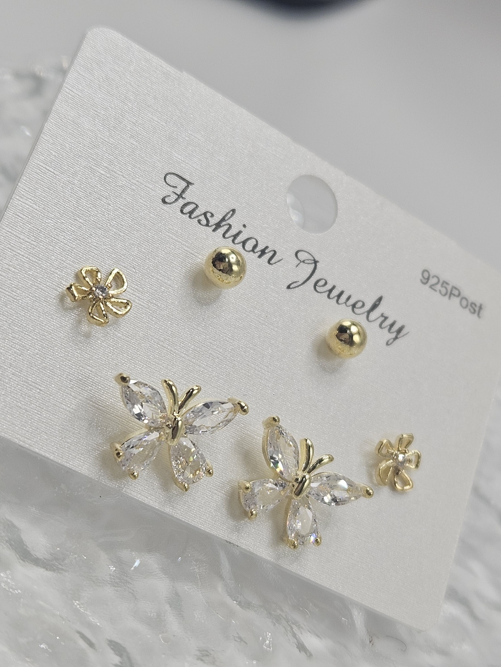 925 Sterling Silver Gold Butterfly & Floral Stud Earring Set With Clear Crystals